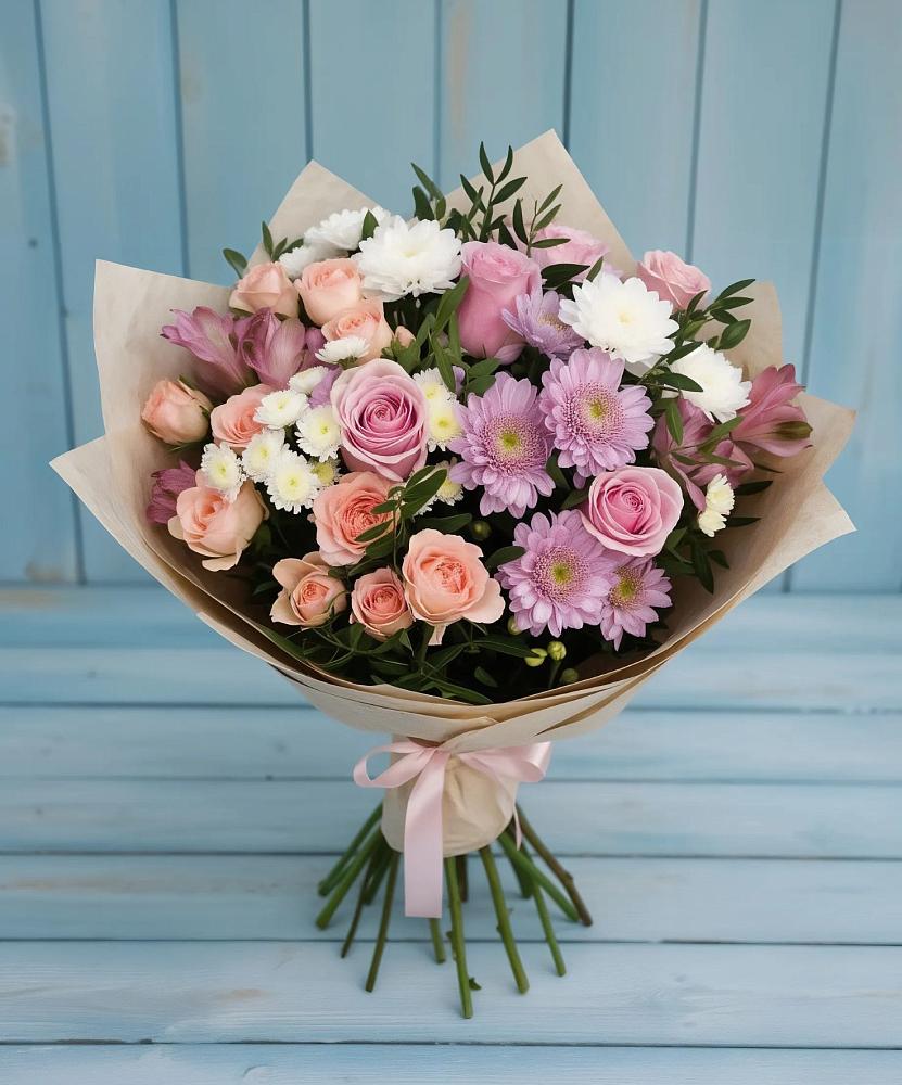 Букет цветов из: Хризантемы, Розы и Альстромерии в Большая Глушица