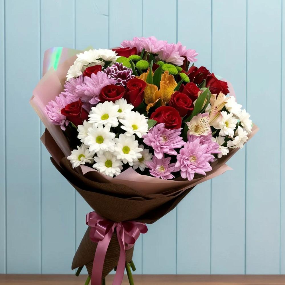Букет цветов из: Розы, Хризантемы и Альстромерии в Большая Глушица